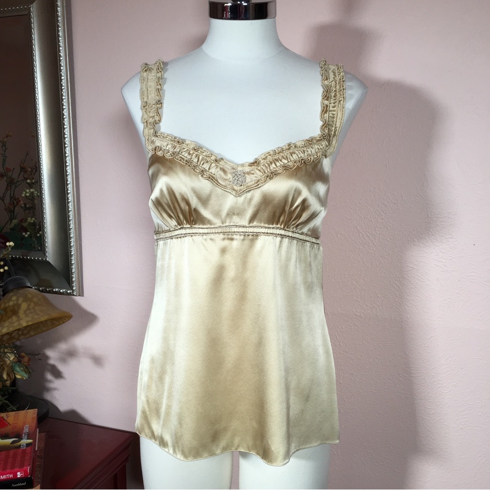 Ellie Tahari Gold Silk Satin Victorian Ruffle sweetheart neckline Camisole top - Picture 13 of 16